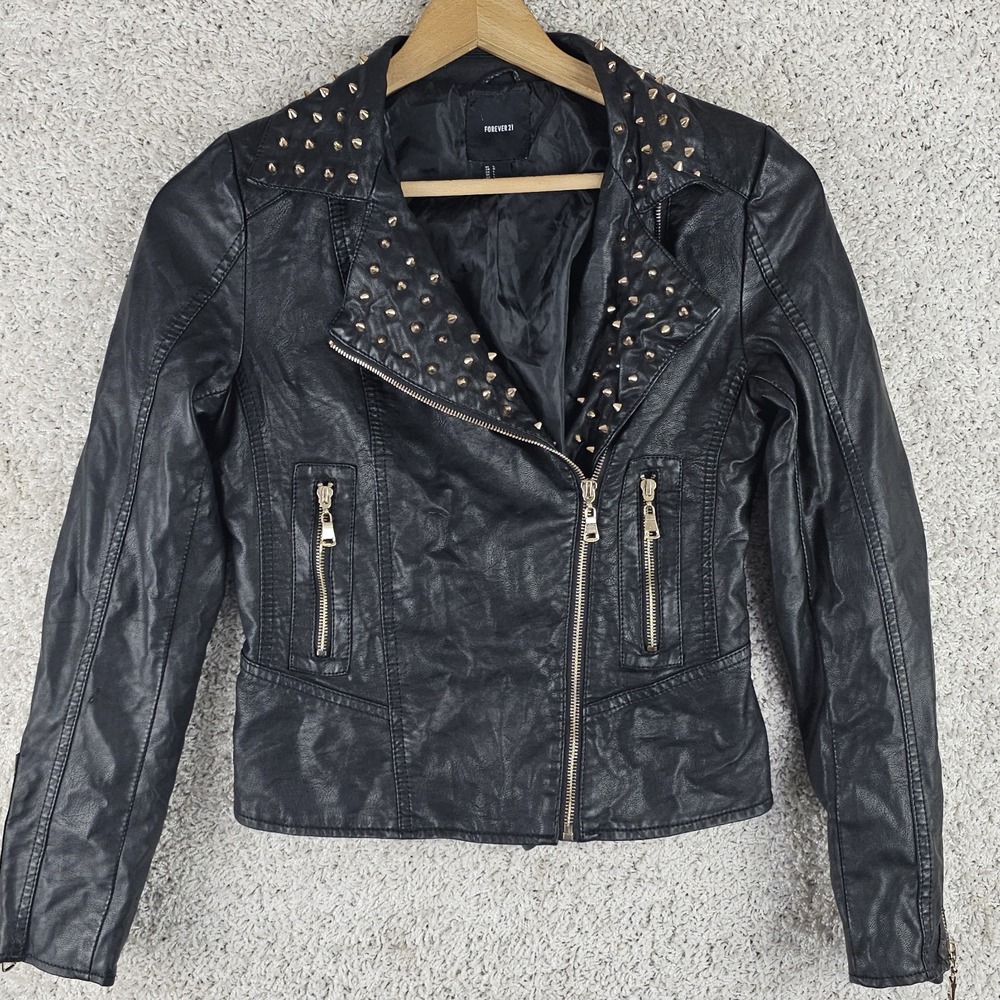 Forever 21  Faux Leather Gold Spikes Moto Biker Jacket Sz Large Punk Grunge 90s